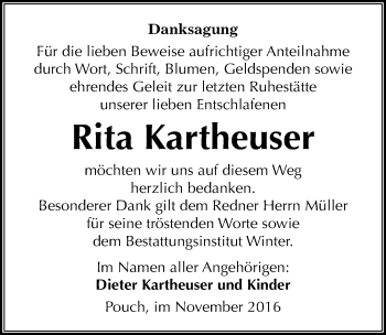 Traueranzeige von Rita Kartheuser von Mitteldeutsche Zeitung Bitterfeld