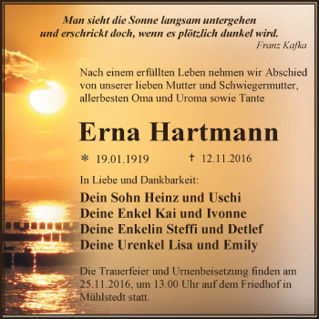 Traueranzeige von Erna Hartmann von WVG - Wochenspiegel Dessau / Köthen