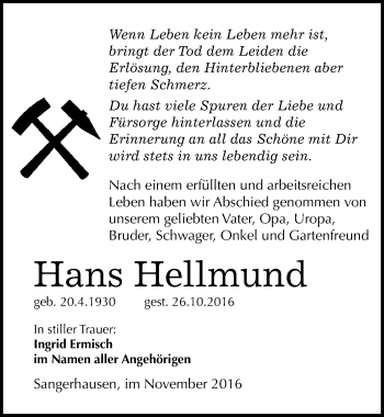 Traueranzeige von Hans Hellmund von Mitteldeutsche Zeitung Sangerhausen