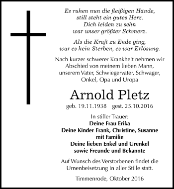 Traueranzeige von Arnold Pletz von Mitteldeutsche Zeitung Quedlinburg