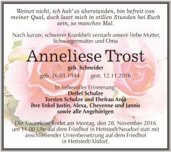 Traueranzeige von Anneliese Trost von Super Sonntag SGH Mansf. Land