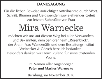 Traueranzeige von Mira Warnecke von Super Sonntag Bernburg