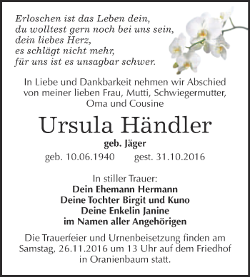 Traueranzeige von Ursula Händler von Super Sonntag Wittenberg