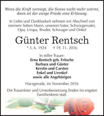 Traueranzeige von Günter Rentsch von WVG - Wochenspiegel Quedlinburg