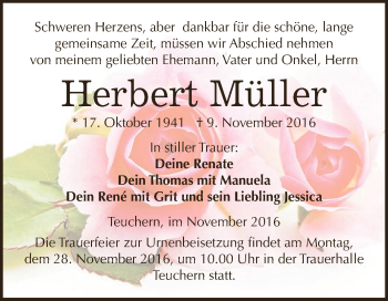 Traueranzeige von Herbert Müller von WVG - Wochenspiegel NMB / WSF / ZTZ