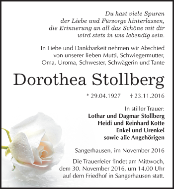 Traueranzeige von Dorothea Stollberg von Mitteldeutsche Zeitung Sangerhausen