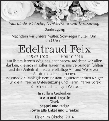 Traueranzeige von Edeltraud Feix von WVG - Wochenspiegel Wittenberg