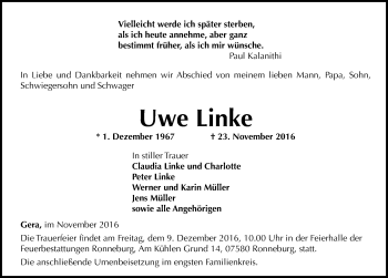 Traueranzeige von Uwe Linke von Mitteldeutsche Zeitung Naumburg/Nebra