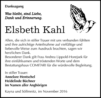 Traueranzeige von Elsbeth Kahl von Mitteldeutsche Zeitung Zeitz