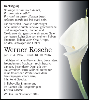 Traueranzeige von Werner Rosche von WVG - Wochenspiegel Dessau / Köthen