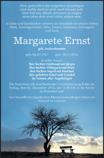 Traueranzeige von Margarete Ernst von Mitteldeutsche Zeitung Naumburg/Nebra