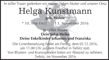 Traueranzeige von Helga Kunstmann von Super Sonntag Wittenberg