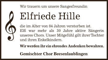 Traueranzeige von Elfriede Hille von Super Sonntag Bernburg