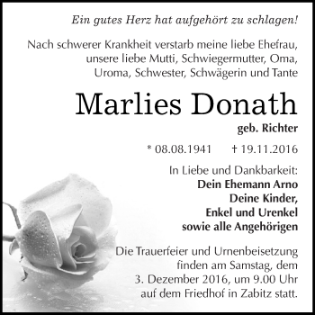 Traueranzeige von Marlies Donath von WVG - Wochenspiegel Dessau / Köthen