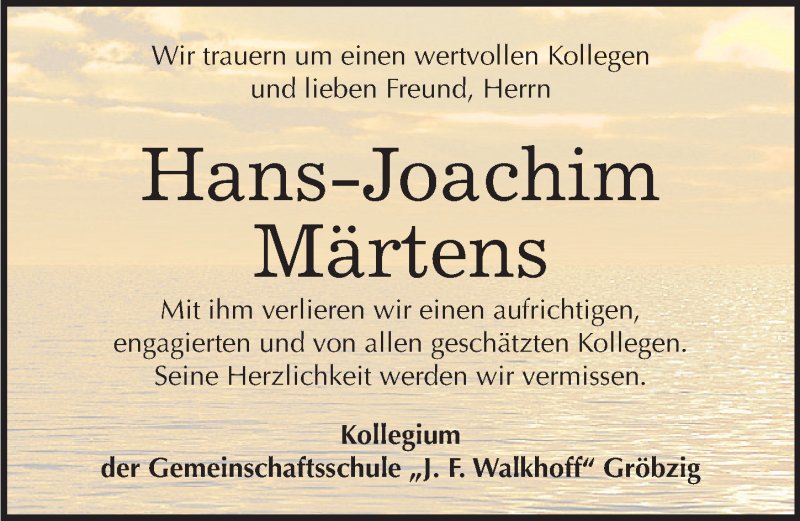  Traueranzeige für Hans-Joachim Märtens vom 11.11.2016 aus Mitteldeutsche Zeitung Köthen
