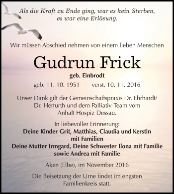 Traueranzeige von Gudrun Frick von WVG - Wochenspiegel Dessau / Köthen