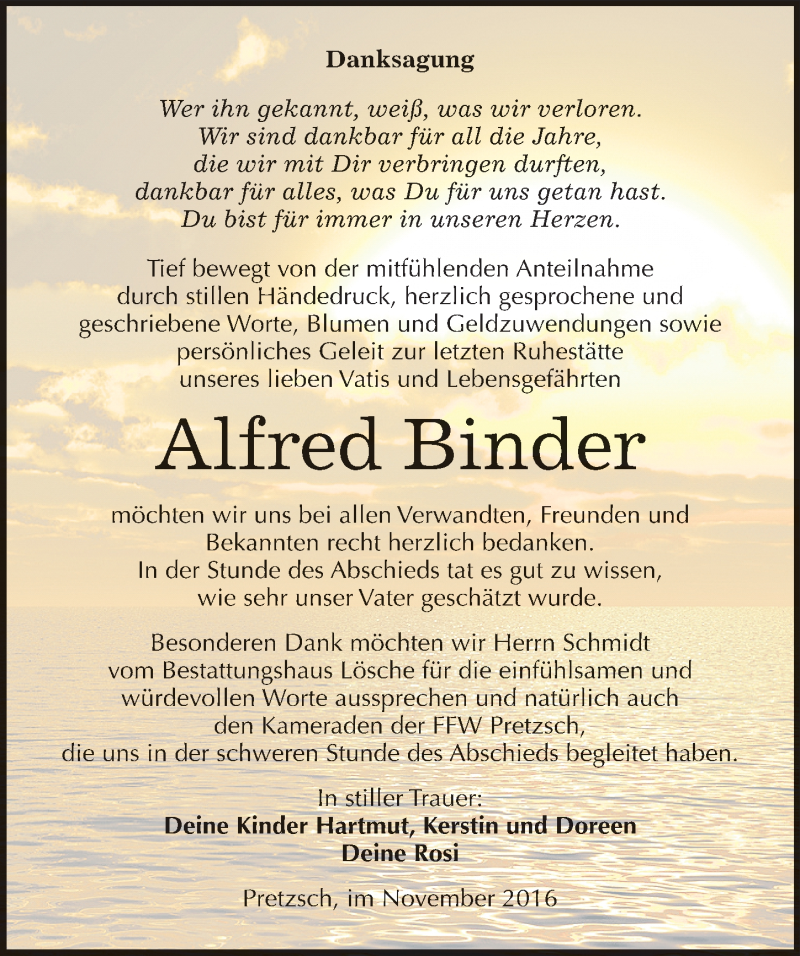  Traueranzeige für Alfred Binder vom 12.11.2016 aus Mitteldeutsche Zeitung Wittenberg