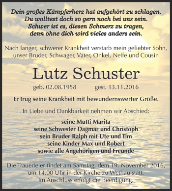 Traueranzeige von Lutz Schuster von WVG - Wochenspiegel NMB / WSF / ZTZ