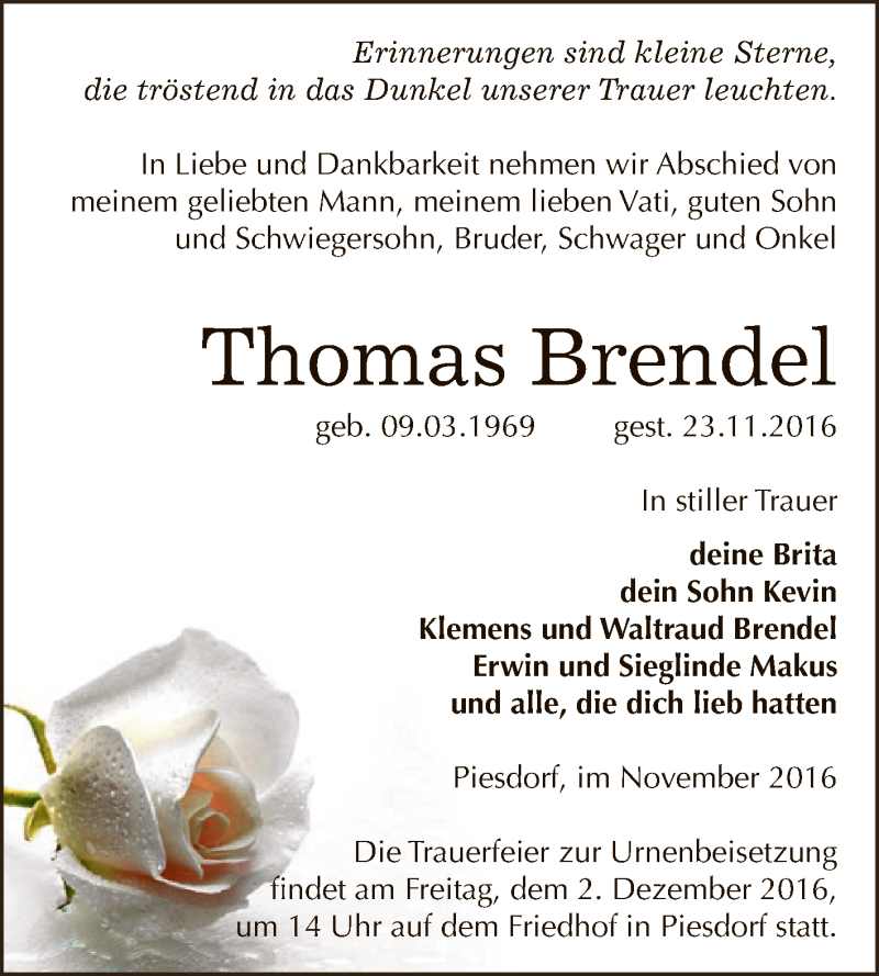  Traueranzeige für Thomas Brendel vom 26.11.2016 aus Super Sonntag Bernburg