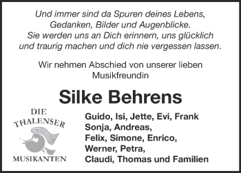 Traueranzeige von Silke Behrens von Super Sonntag Quedlinburg