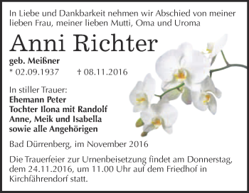 Traueranzeige von Anni Richter von Super Sonntag Merseburg