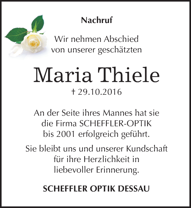  Traueranzeige für Maria Thiele vom 26.11.2016 aus Mitteldeutsche Zeitung Dessau-Roßlau