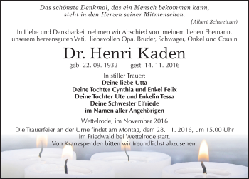 Traueranzeige von Henri Kaden von Mitteldeutsche Zeitung Sangerhausen