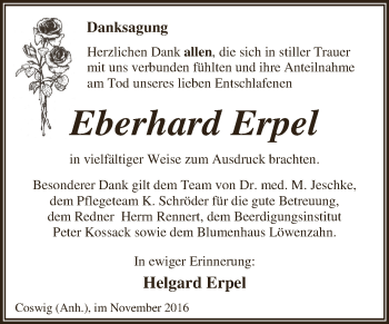 Traueranzeige von Eberhard Erpel von WVG - Wochenspiegel Dessau / Köthen