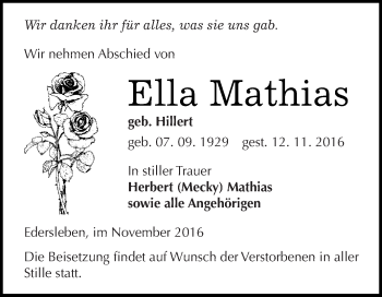 Traueranzeige von Ella Mathias von Super Sonntag SGH Mansf. Land