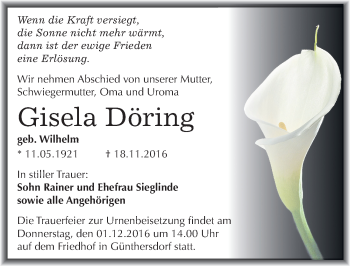 Traueranzeige von Gisela Döring von Mitteldeutsche Zeitung Merseburg/Querfurt