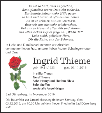 Traueranzeige von Ingrid Thieme von Super Sonntag Merseburg