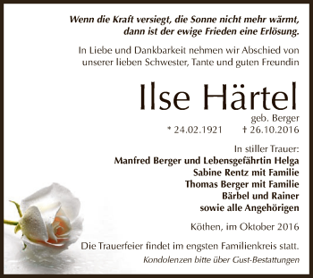 Traueranzeige von Ilse Härtel von WVG - Wochenspiegel Dessau / Köthen