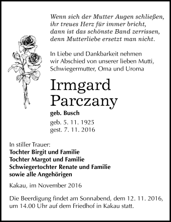 Traueranzeige von Irmgard Parczany von Mitteldeutsche Zeitung Wittenberg