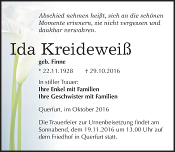 Traueranzeige von Ida Kreideweiß von Mitteldeutsche Zeitung Merseburg/Querfurt