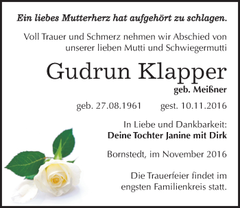 Traueranzeige von Gudrun Klapper von Mitteldeutsche Zeitung Mansfelder Land
