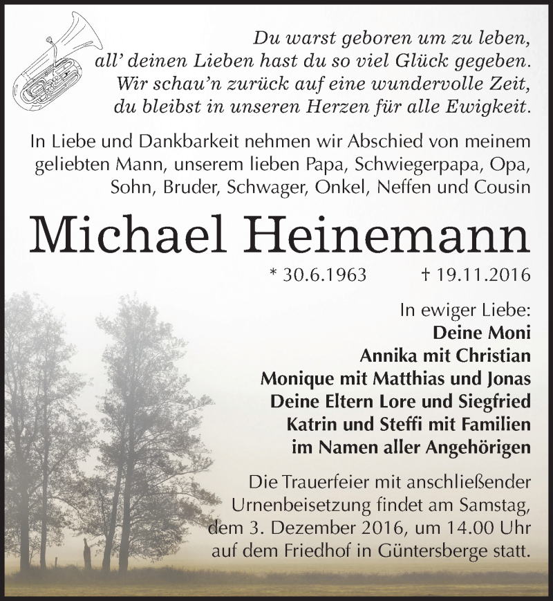  Traueranzeige für Michael Heinemann vom 25.11.2016 aus Mitteldeutsche Zeitung Quedlinburg