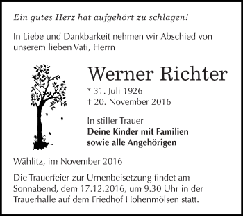 Traueranzeige von Werner Richter von WVG - Wochenspiegel NMB / WSF / ZTZ