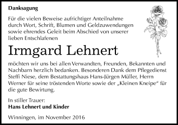 Traueranzeige von Irmgard Lehnert von Mitteldeutsche Zeitung Aschersleben
