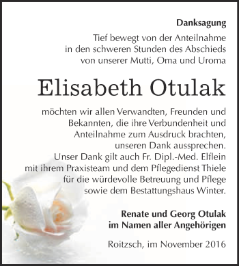 Traueranzeige von Elisabeth Otulak von WVG - Wochenspiegel Bitterfeld