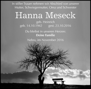 Traueranzeige von Hanna Meseck von Mitteldeutsche Zeitung Naumburg/Nebra