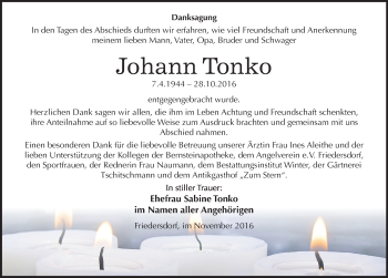 Traueranzeige von Johann Tonko von Mitteldeutsche Zeitung Bitterfeld