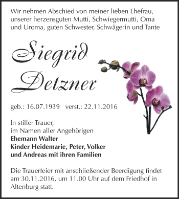 Traueranzeige von Siegrid Detzner von WVG - Wochenspiegel Bernburg