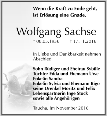 Traueranzeige von Wolfgang Sachse von Mitteldeutsche Zeitung Weißenfels