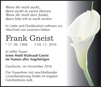 Traueranzeige von Frank Gneist von Mitteldeutsche Zeitung Halle/Saalkreis