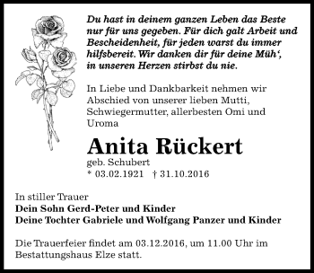 Traueranzeige von Anita Rückert von Mitteldeutsche Zeitung Dessau-Roßlau