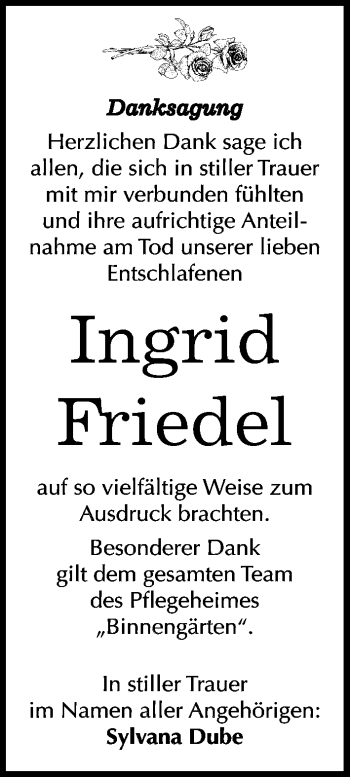 Traueranzeige von Ingrid Friedel von Mitteldeutsche Zeitung Bitterfeld