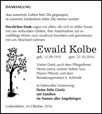 Traueranzeige von Ewald Kolbe von WVG - Wochenspiegel Merseburg
