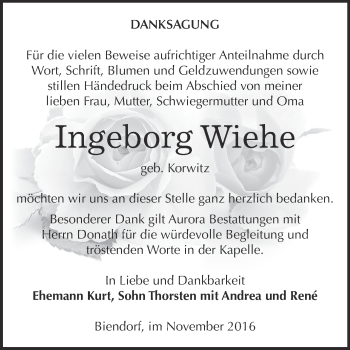 Traueranzeige von Ingeborg Wiehe von Super Sonntag Bernburg
