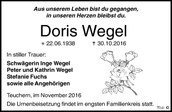 Traueranzeige von Doris Wegel von Mitteldeutsche Zeitung Weißenfels