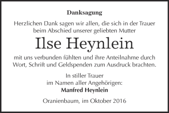 Traueranzeige von Ilse Heynlein von WVG - Wochenspiegel Wittenberg
